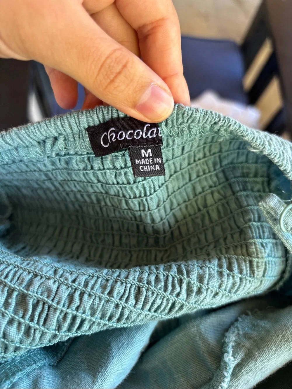 Chocolate Teal Smocked Waist Linen-Blend Top - Picture 5 of 9